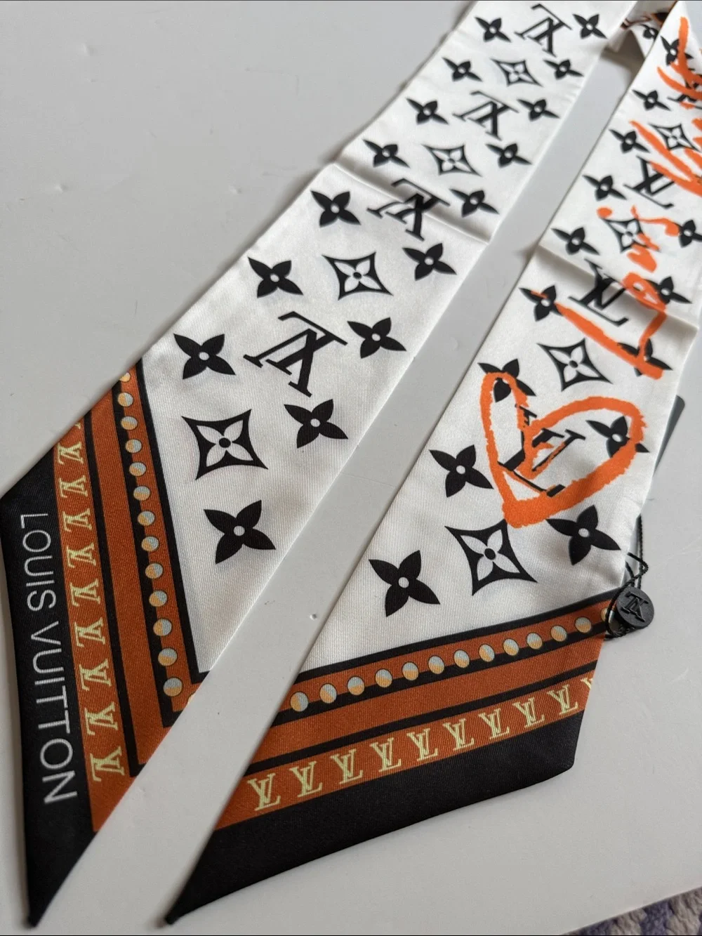White & Orange Monogram Silk Scarf/Twilly
